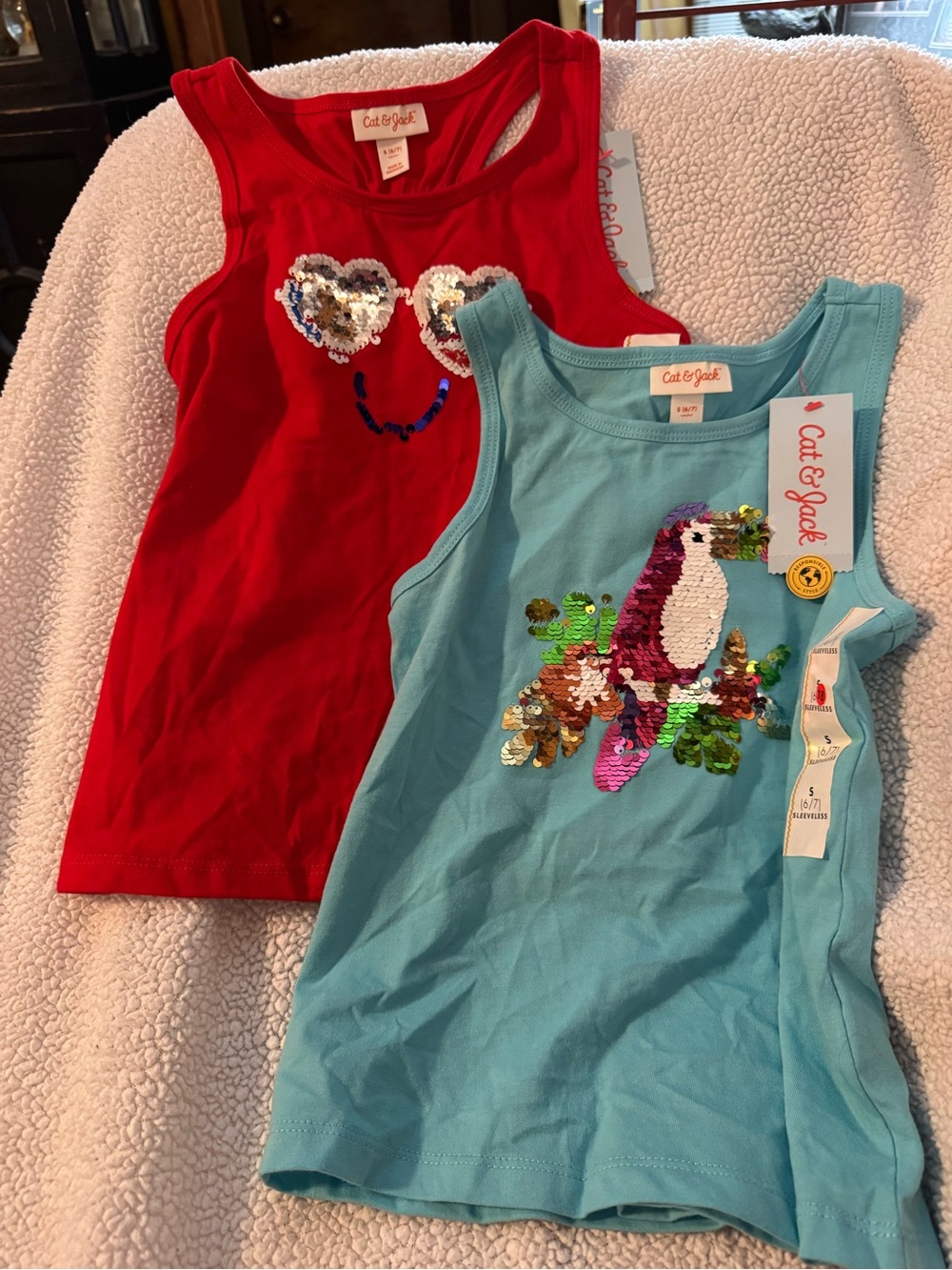Cat & Jack Red and Teal Sequin Parrot Glasses Graphic Tank Tops NWT B18